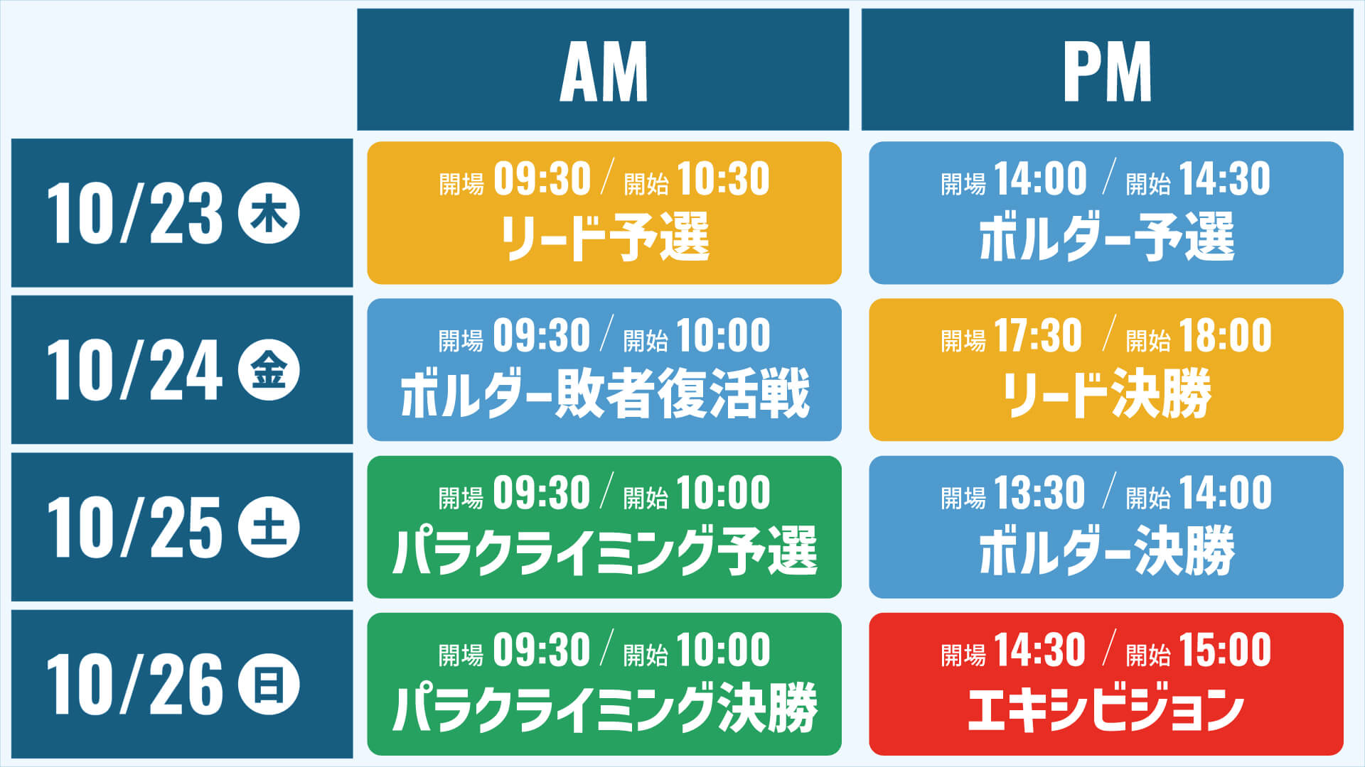 
    10月23日木曜日 9時半開場 10時半リード予選開始
                  14時開場 14時半ボルダー予選開始
    10月24日金曜日 9時半開場 10時ボルダー敗者復活戦開始
                  17時半開場 18時リード決勝開始
    10月25日土曜日 9時半開場 10時パラクライミング予選開始
                  13時半開場 14時ボルダー決勝開始
    10月26日日曜日 9時半開場 10時パラクライミング決勝開始
                  14時半開場 15時エキシビジョン開始
    